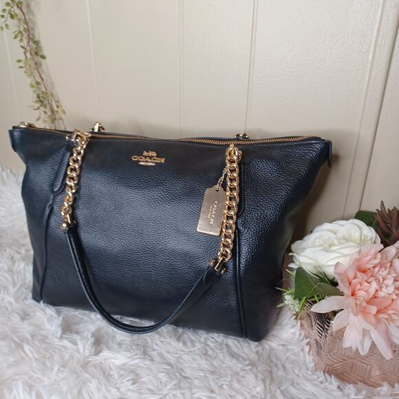 Coach Ava Chain Tote Black Pebbled Leather Large Purse Gold - Picture 3 of 12